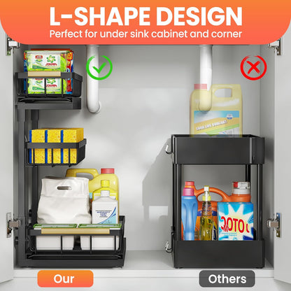 Under Sink Organizer and Storage for Bathroom and Kitchen - 3 Tier Under Cabinet Pull Out Shelf Organizers - Slide Out Drawer Organization for Home Cabinets Shelves and Drawers