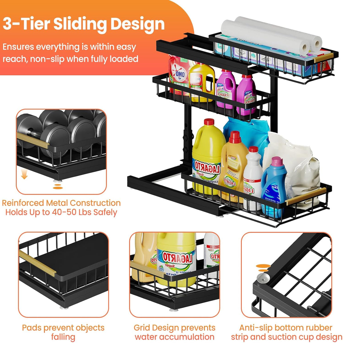 Under Sink Organizer and Storage for Bathroom and Kitchen - 3 Tier Under Cabinet Pull Out Shelf Organizers - Slide Out Drawer Organization for Home Cabinets Shelves and Drawers