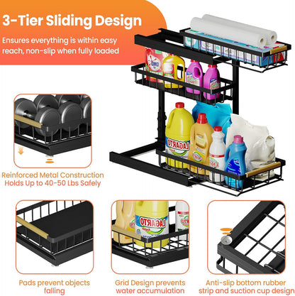 Under Sink Organizer and Storage for Bathroom and Kitchen - 3 Tier Under Cabinet Pull Out Shelf Organizers - Slide Out Drawer Organization for Home Cabinets Shelves and Drawers