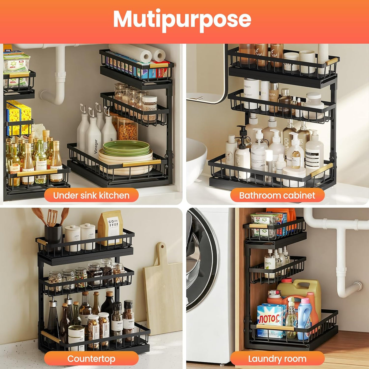 Under Sink Organizer and Storage for Bathroom and Kitchen - 3 Tier Under Cabinet Pull Out Shelf Organizers - Slide Out Drawer Organization for Home Cabinets Shelves and Drawers