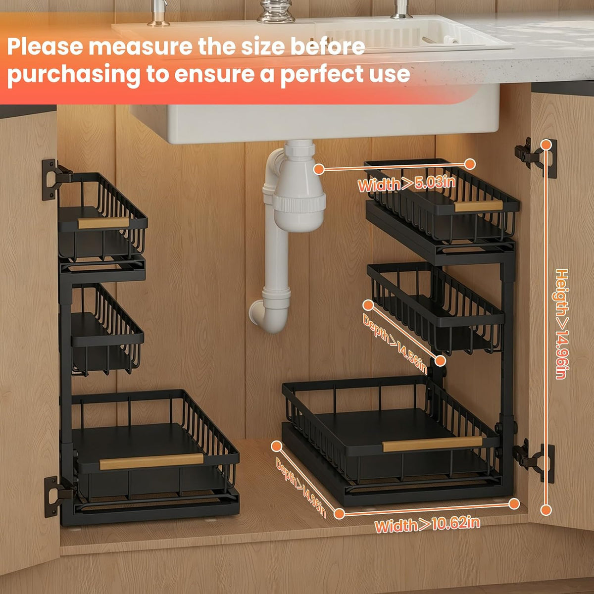 Under Sink Organizer and Storage for Bathroom and Kitchen - 3 Tier Under Cabinet Pull Out Shelf Organizers - Slide Out Drawer Organization for Home Cabinets Shelves and Drawers
