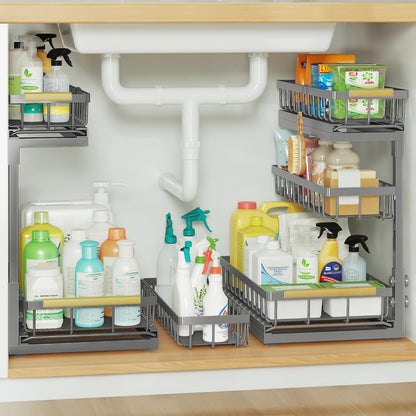 Under Sink Organizer and Storage for Bathroom and Kitchen - 3 Tier Under Cabinet Pull Out Shelf Organizers - Slide Out Drawer Organization for Home Cabinets Shelves and Drawers