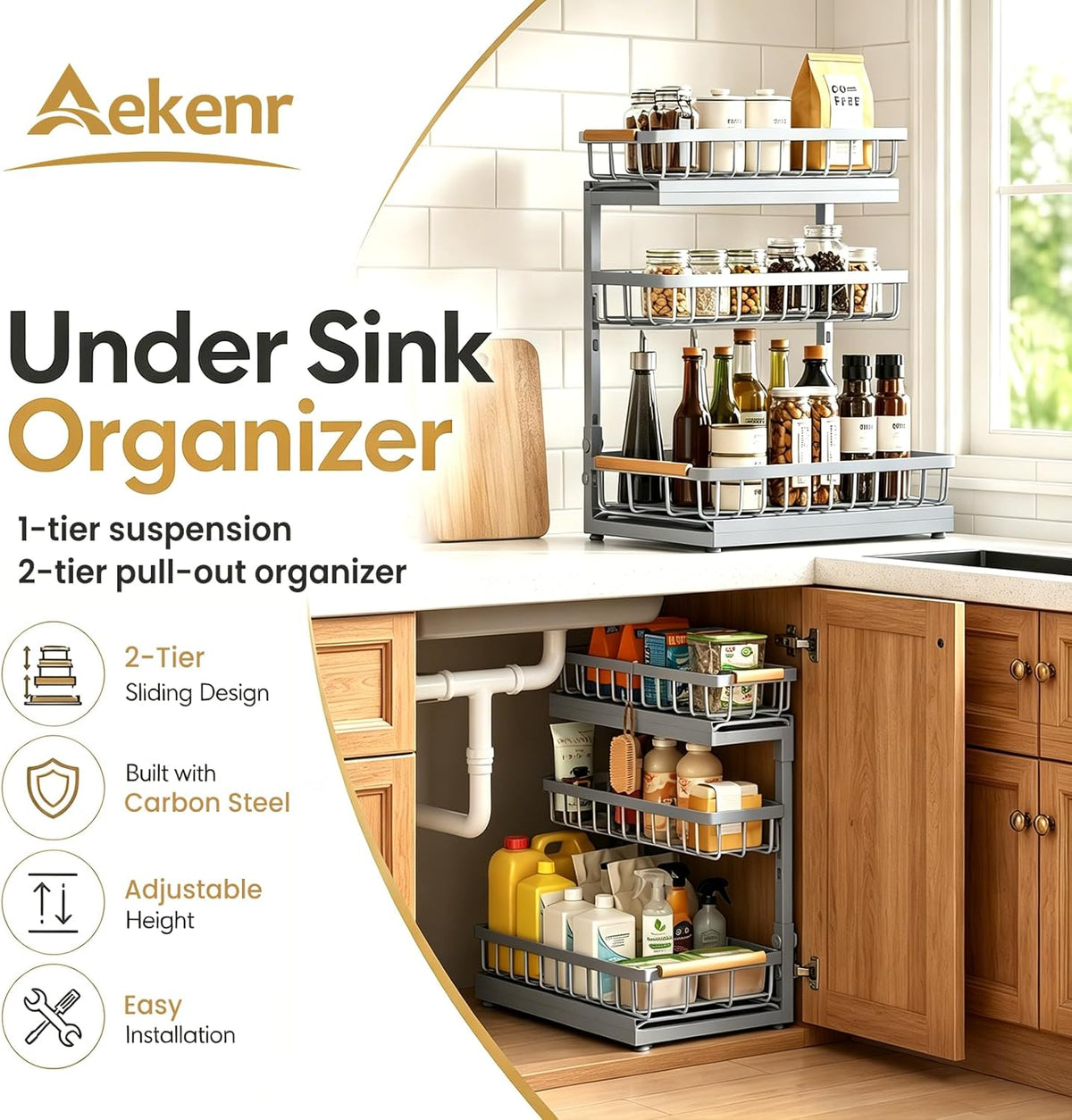Under Sink Organizer and Storage for Bathroom and Kitchen - 3 Tier Under Cabinet Pull Out Shelf Organizers - Slide Out Drawer Organization for Home Cabinets Shelves and Drawers