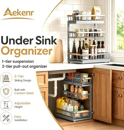 Under Sink Organizer and Storage for Bathroom and Kitchen - 3 Tier Under Cabinet Pull Out Shelf Organizers - Slide Out Drawer Organization for Home Cabinets Shelves and Drawers