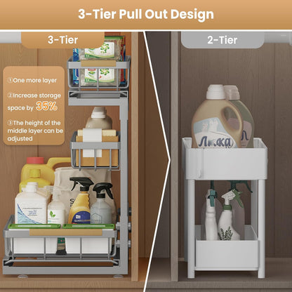 Under Sink Organizer and Storage for Bathroom and Kitchen - 3 Tier Under Cabinet Pull Out Shelf Organizers - Slide Out Drawer Organization for Home Cabinets Shelves and Drawers