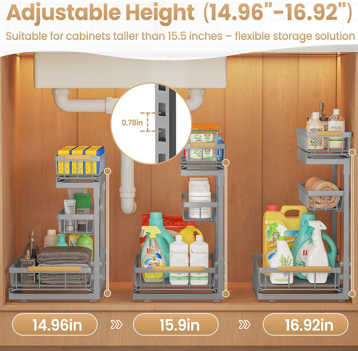 Under Sink Organizer and Storage for Bathroom and Kitchen - 3 Tier Under Cabinet Pull Out Shelf Organizers - Slide Out Drawer Organization for Home Cabinets Shelves and Drawers