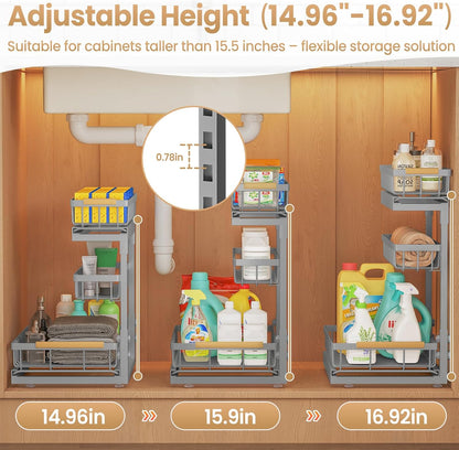 Under Sink Organizer and Storage for Bathroom and Kitchen - 3 Tier Under Cabinet Pull Out Shelf Organizers - Slide Out Drawer Organization for Home Cabinets Shelves and Drawers