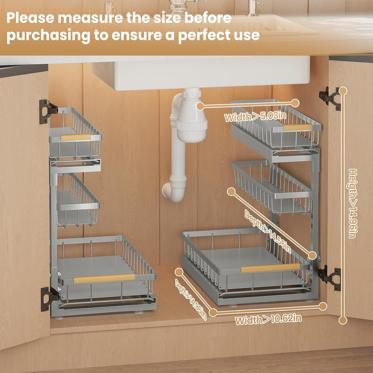 Under Sink Organizer and Storage for Bathroom and Kitchen - 3 Tier Under Cabinet Pull Out Shelf Organizers - Slide Out Drawer Organization for Home Cabinets Shelves and Drawers