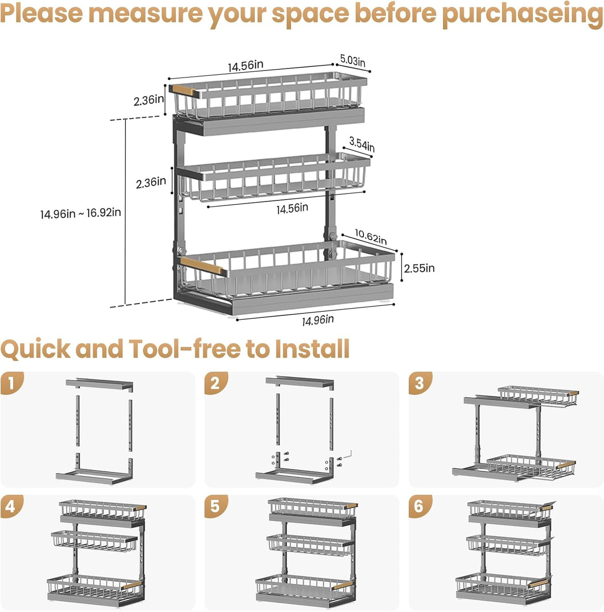 Under Sink Organizer and Storage for Bathroom and Kitchen - 3 Tier Under Cabinet Pull Out Shelf Organizers - Slide Out Drawer Organization for Home Cabinets Shelves and Drawers