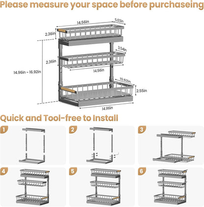 Under Sink Organizer and Storage for Bathroom and Kitchen - 3 Tier Under Cabinet Pull Out Shelf Organizers - Slide Out Drawer Organization for Home Cabinets Shelves and Drawers