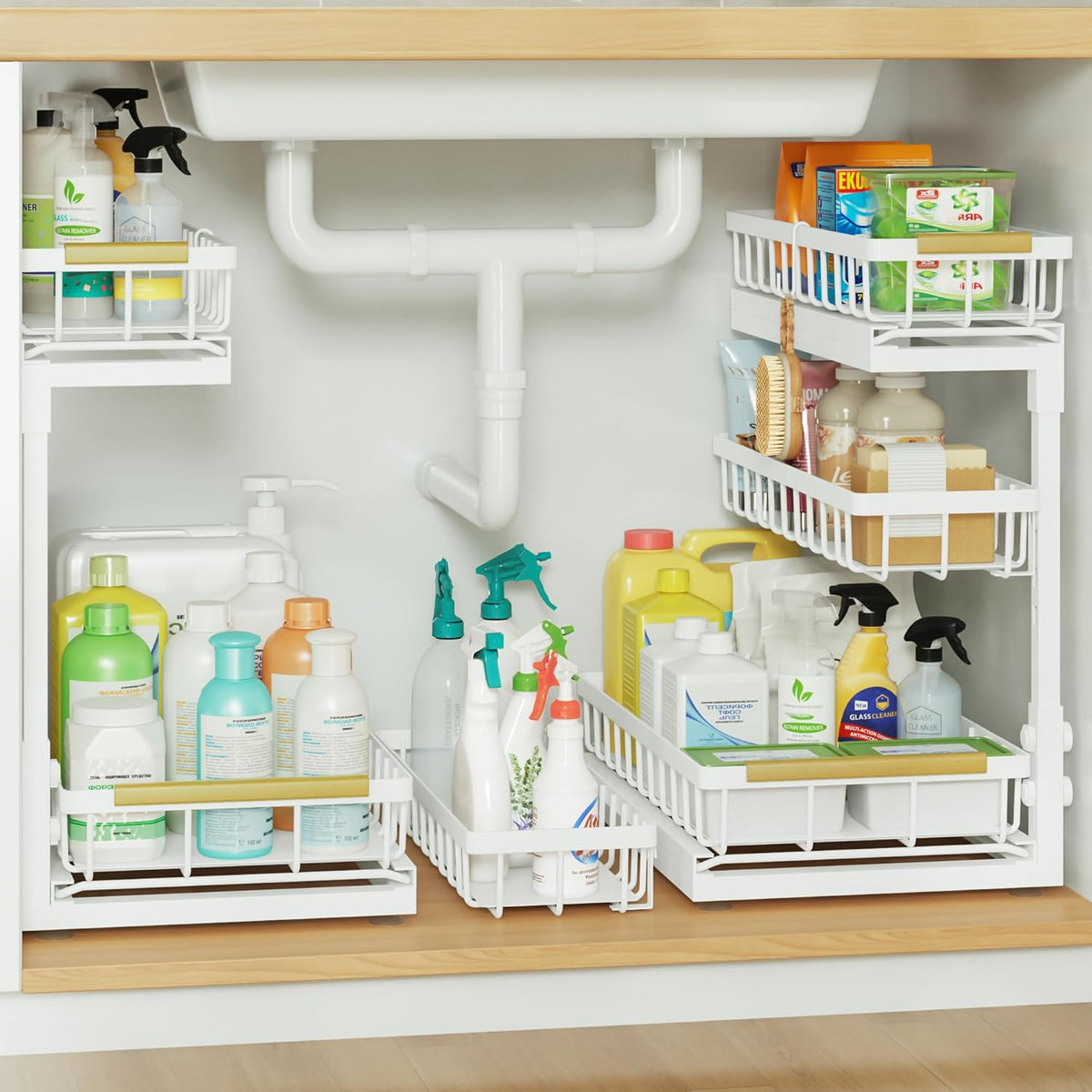 Under Sink Organizer and Storage for Bathroom and Kitchen - 3 Tier Under Cabinet Pull Out Shelf Organizers - Slide Out Drawer Organization for Home Cabinets Shelves and Drawers