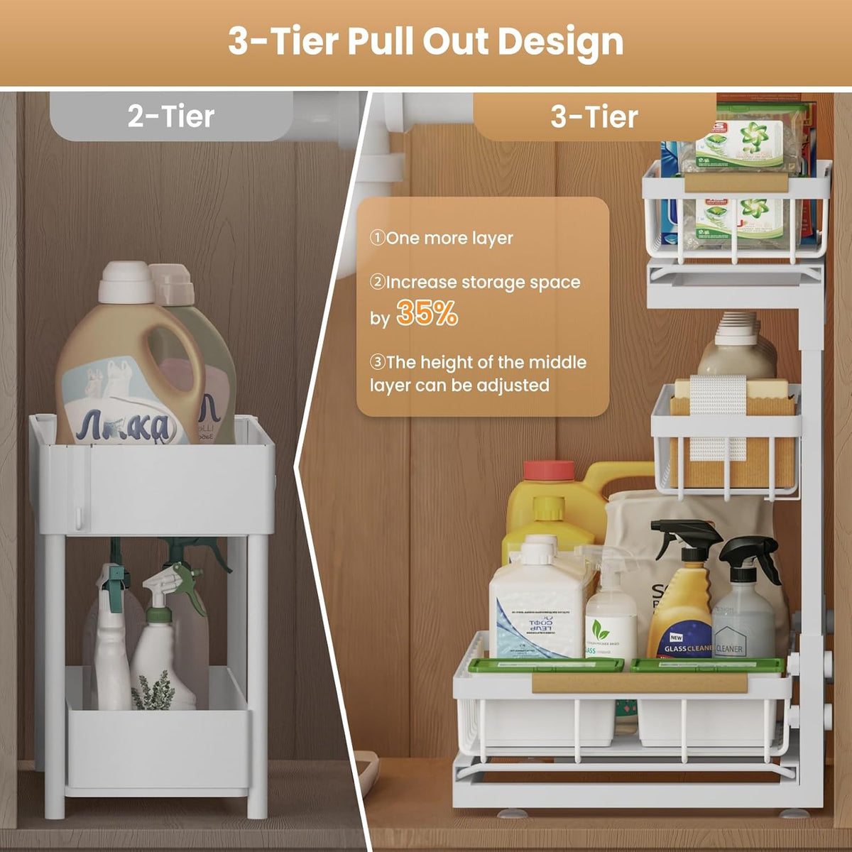 Under Sink Organizer and Storage for Bathroom and Kitchen - 3 Tier Under Cabinet Pull Out Shelf Organizers - Slide Out Drawer Organization for Home Cabinets Shelves and Drawers