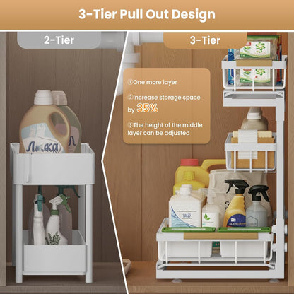 Under Sink Organizer and Storage for Bathroom and Kitchen - 3 Tier Under Cabinet Pull Out Shelf Organizers - Slide Out Drawer Organization for Home Cabinets Shelves and Drawers