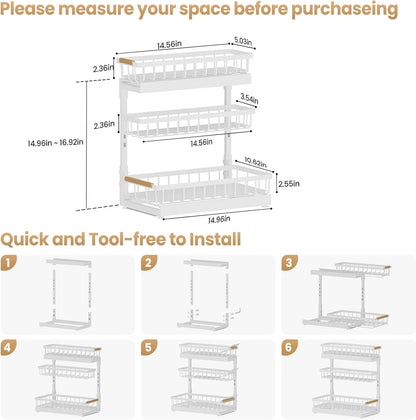 Under Sink Organizer and Storage for Bathroom and Kitchen - 3 Tier Under Cabinet Pull Out Shelf Organizers - Slide Out Drawer Organization for Home Cabinets Shelves and Drawers