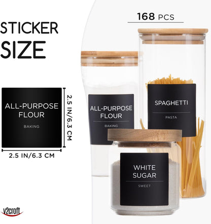 168 Pantry Labels for Food Containers, Minimalist Black Matte Stickers White Fine Line Text,Preprinted Waterproof Label for Glass Jars, Bottles & Canisters,Pantry Organization Storage