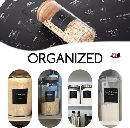 168 Pantry Labels for Food Containers, Minimalist Black Matte Stickers White Fine Line Text,Preprinted Waterproof Label for Glass Jars, Bottles & Canisters,Pantry Organization Storage