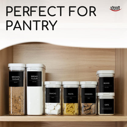 168 Pantry Labels for Food Containers, Minimalist Black Matte Stickers White Fine Line Text,Preprinted Waterproof Label for Glass Jars, Bottles & Canisters,Pantry Organization Storage