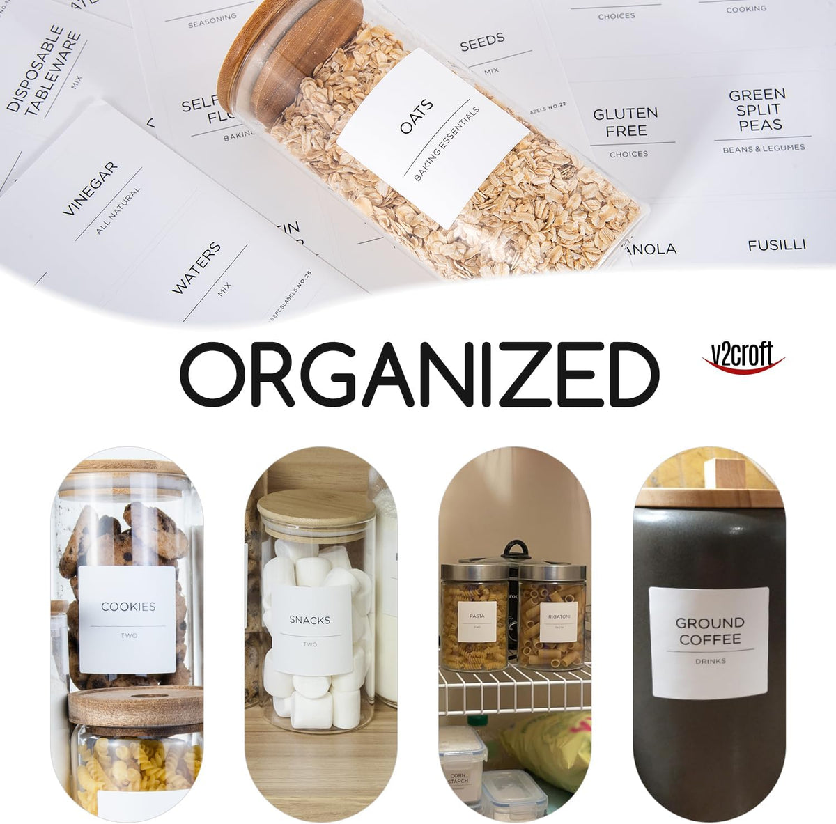 168 Pantry Labels for Food Containers, Minimalist Black Matte Stickers White Fine Line Text,Preprinted Waterproof Label for Glass Jars, Bottles & Canisters,Pantry Organization Storage