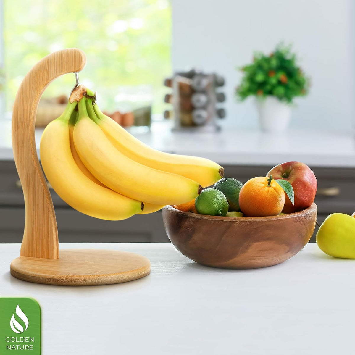 Banana Holder with Hanging Hook - Rustic Wooden Grape Stand