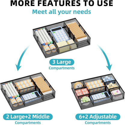 2 Pack Desk Drawer Organizer, Mesh Drawer Organizer Tray with 8 Adjustable Compartments, Desk Organizers and Accessories, 5 Dividers Drawer for Office Supplies, Makeup & Vanity (Black)