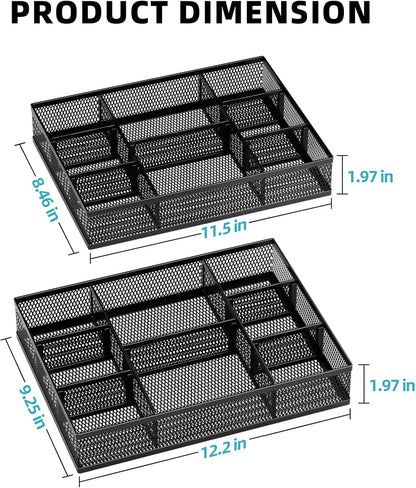 2 Pack Desk Drawer Organizer, Mesh Drawer Organizer Tray with 8 Adjustable Compartments, Desk Organizers and Accessories, 5 Dividers Drawer for Office Supplies, Makeup & Vanity (Black)