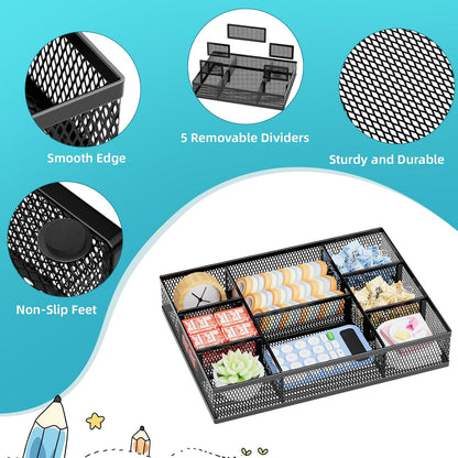 2 Pack Desk Drawer Organizer, Mesh Drawer Organizer Tray with 8 Adjustable Compartments, Desk Organizers and Accessories, 5 Dividers Drawer for Office Supplies, Makeup & Vanity (Black)