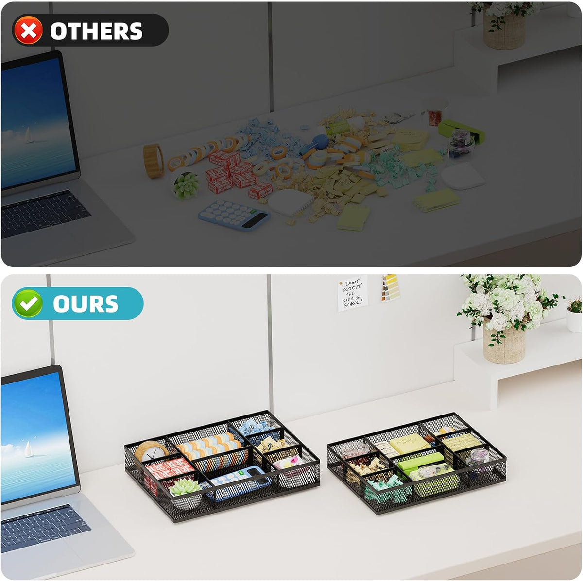 2 Pack Desk Drawer Organizer, Mesh Drawer Organizer Tray with 8 Adjustable Compartments, Desk Organizers and Accessories, 5 Dividers Drawer for Office Supplies, Makeup & Vanity (Black)