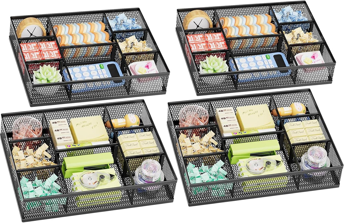 2 Pack Desk Drawer Organizer, Mesh Drawer Organizer Tray with 8 Adjustable Compartments, Desk Organizers and Accessories, 5 Dividers Drawer for Office Supplies, Makeup & Vanity (Black)