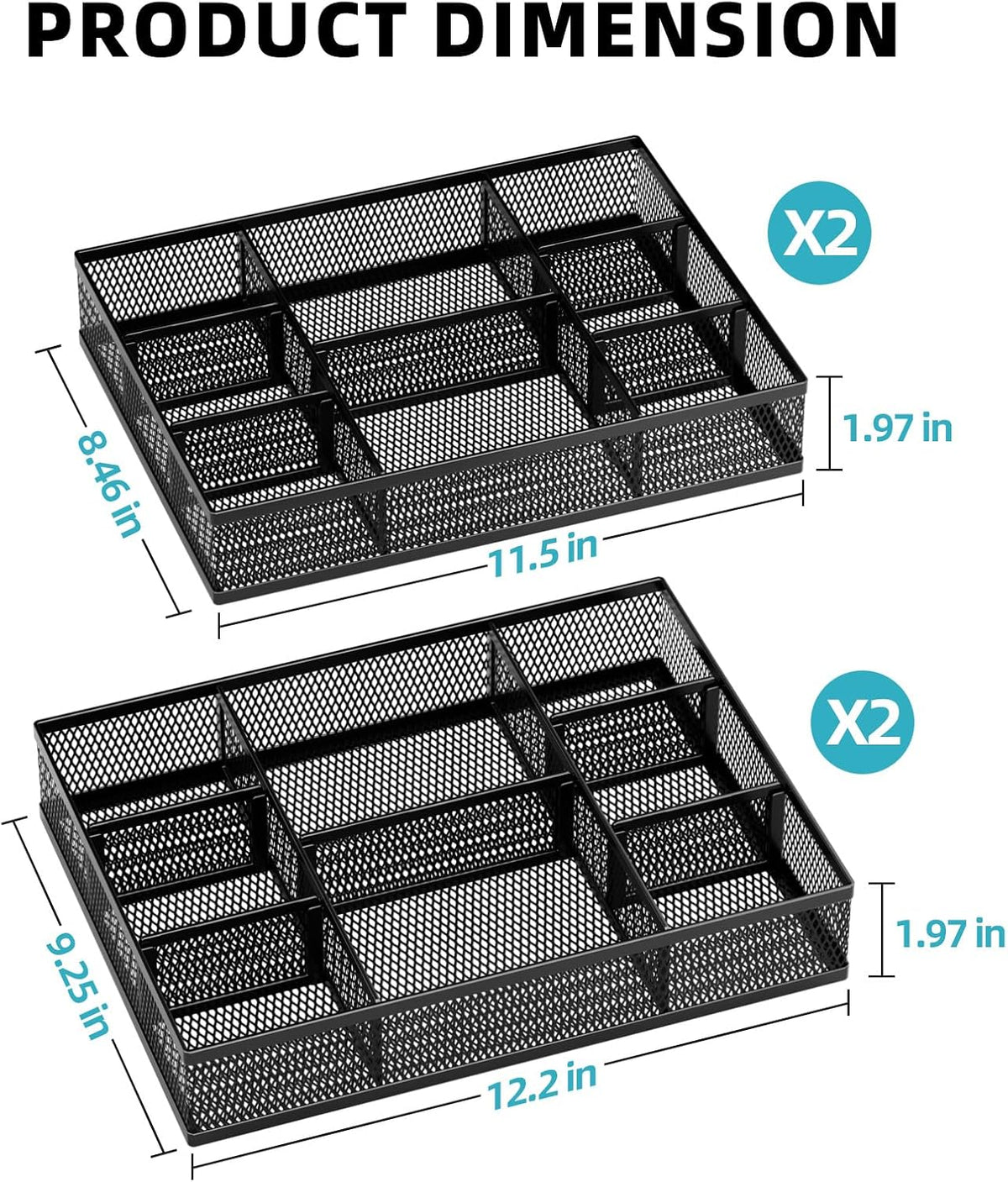 2 Pack Desk Drawer Organizer, Mesh Drawer Organizer Tray with 8 Adjustable Compartments, Desk Organizers and Accessories, 5 Dividers Drawer for Office Supplies, Makeup & Vanity (Black)