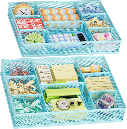2 Pack Desk Drawer Organizer, Mesh Drawer Organizer Tray with 8 Adjustable Compartments, Desk Organizers and Accessories, 5 Dividers Drawer for Office Supplies, Makeup & Vanity (Black)