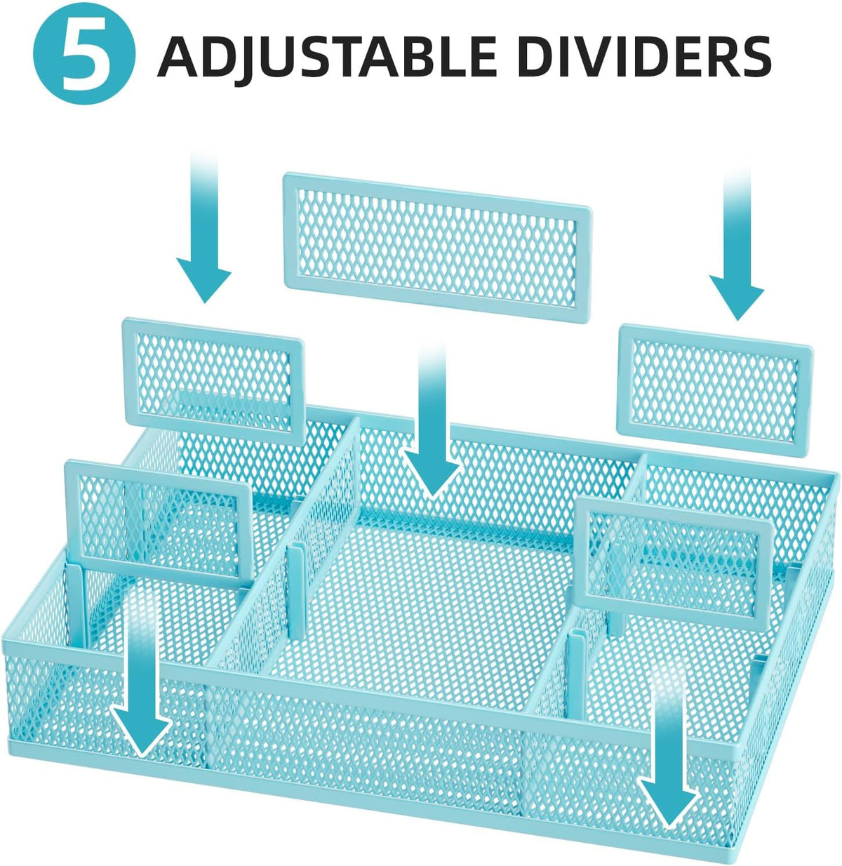 2 Pack Desk Drawer Organizer, Mesh Drawer Organizer Tray with 8 Adjustable Compartments, Desk Organizers and Accessories, 5 Dividers Drawer for Office Supplies, Makeup & Vanity (Black)