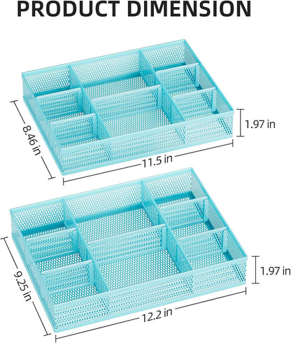 2 Pack Desk Drawer Organizer, Mesh Drawer Organizer Tray with 8 Adjustable Compartments, Desk Organizers and Accessories, 5 Dividers Drawer for Office Supplies, Makeup & Vanity (Black)