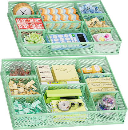 2 Pack Desk Drawer Organizer, Mesh Drawer Organizer Tray with 8 Adjustable Compartments, Desk Organizers and Accessories, 5 Dividers Drawer for Office Supplies, Makeup & Vanity (Black)