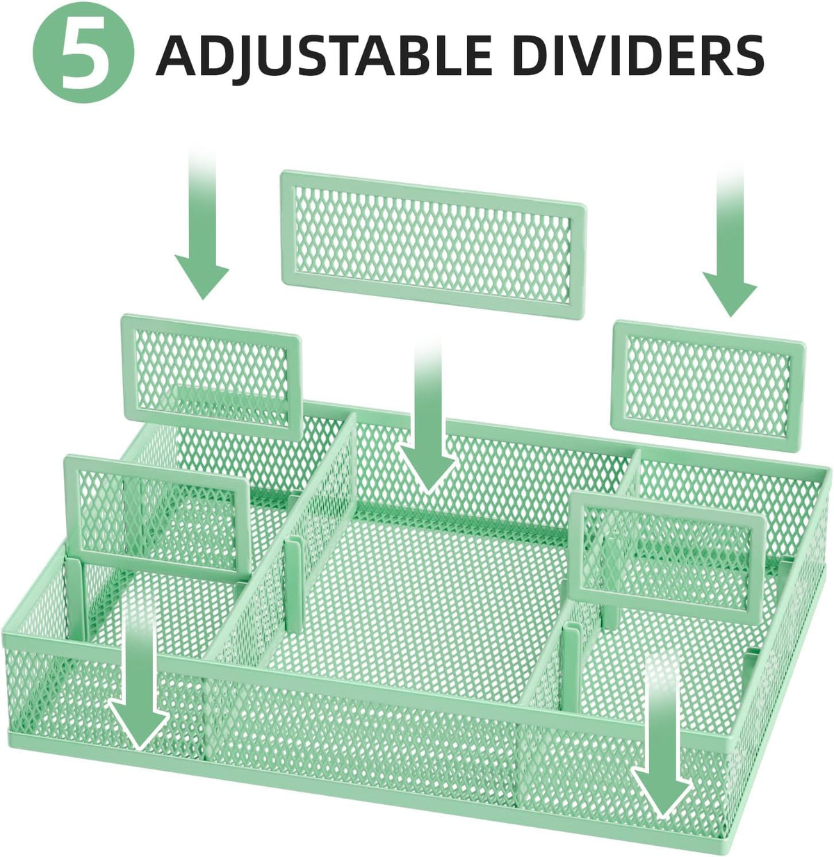2 Pack Desk Drawer Organizer, Mesh Drawer Organizer Tray with 8 Adjustable Compartments, Desk Organizers and Accessories, 5 Dividers Drawer for Office Supplies, Makeup & Vanity (Black)
