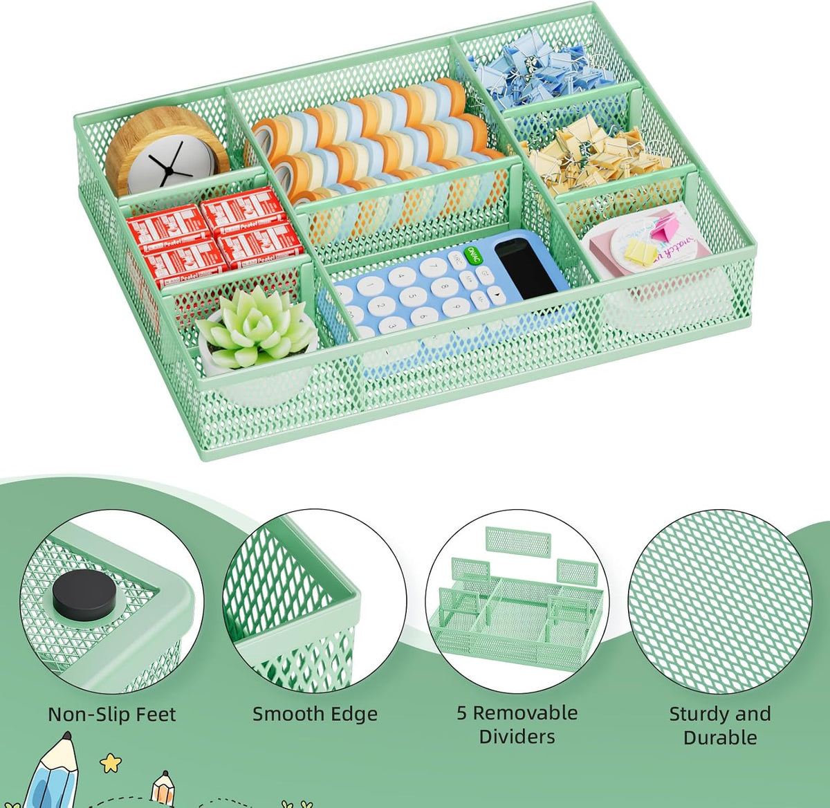 2 Pack Desk Drawer Organizer, Mesh Drawer Organizer Tray with 8 Adjustable Compartments, Desk Organizers and Accessories, 5 Dividers Drawer for Office Supplies, Makeup & Vanity (Black)