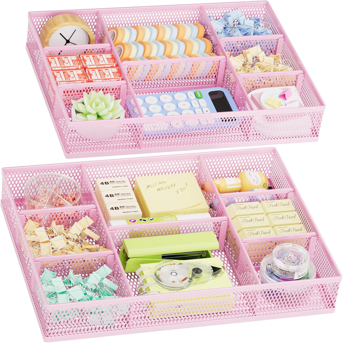 2 Pack Desk Drawer Organizer, Mesh Drawer Organizer Tray with 8 Adjustable Compartments, Desk Organizers and Accessories, 5 Dividers Drawer for Office Supplies, Makeup & Vanity (Black)