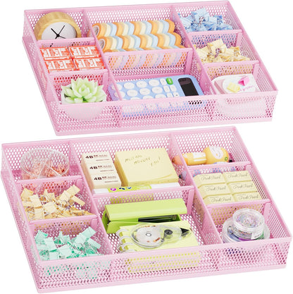 2 Pack Desk Drawer Organizer, Mesh Drawer Organizer Tray with 8 Adjustable Compartments, Desk Organizers and Accessories, 5 Dividers Drawer for Office Supplies, Makeup & Vanity (Black)