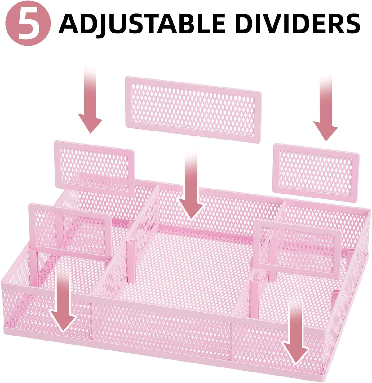 2 Pack Desk Drawer Organizer, Mesh Drawer Organizer Tray with 8 Adjustable Compartments, Desk Organizers and Accessories, 5 Dividers Drawer for Office Supplies, Makeup & Vanity (Black)
