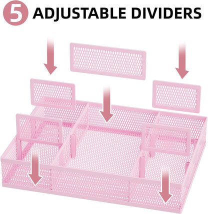 2 Pack Desk Drawer Organizer, Mesh Drawer Organizer Tray with 8 Adjustable Compartments, Desk Organizers and Accessories, 5 Dividers Drawer for Office Supplies, Makeup & Vanity (Black)