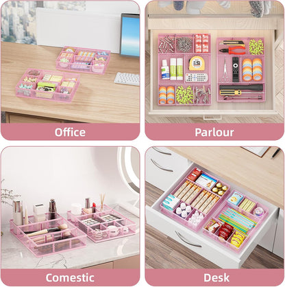 2 Pack Desk Drawer Organizer, Mesh Drawer Organizer Tray with 8 Adjustable Compartments, Desk Organizers and Accessories, 5 Dividers Drawer for Office Supplies, Makeup & Vanity (Black)