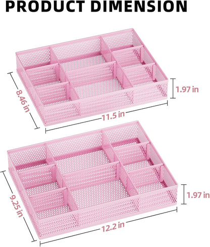 2 Pack Desk Drawer Organizer, Mesh Drawer Organizer Tray with 8 Adjustable Compartments, Desk Organizers and Accessories, 5 Dividers Drawer for Office Supplies, Makeup & Vanity (Black)