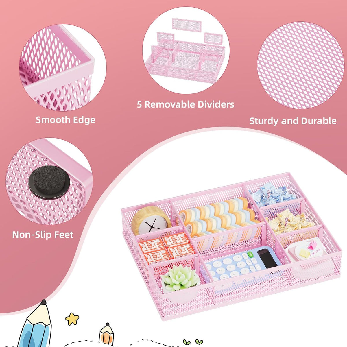 2 Pack Desk Drawer Organizer, Mesh Drawer Organizer Tray with 8 Adjustable Compartments, Desk Organizers and Accessories, 5 Dividers Drawer for Office Supplies, Makeup & Vanity (Black)