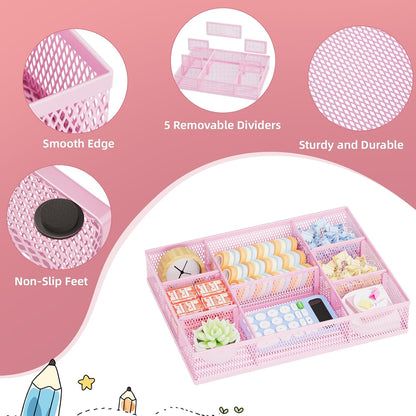 2 Pack Desk Drawer Organizer, Mesh Drawer Organizer Tray with 8 Adjustable Compartments, Desk Organizers and Accessories, 5 Dividers Drawer for Office Supplies, Makeup & Vanity (Black)