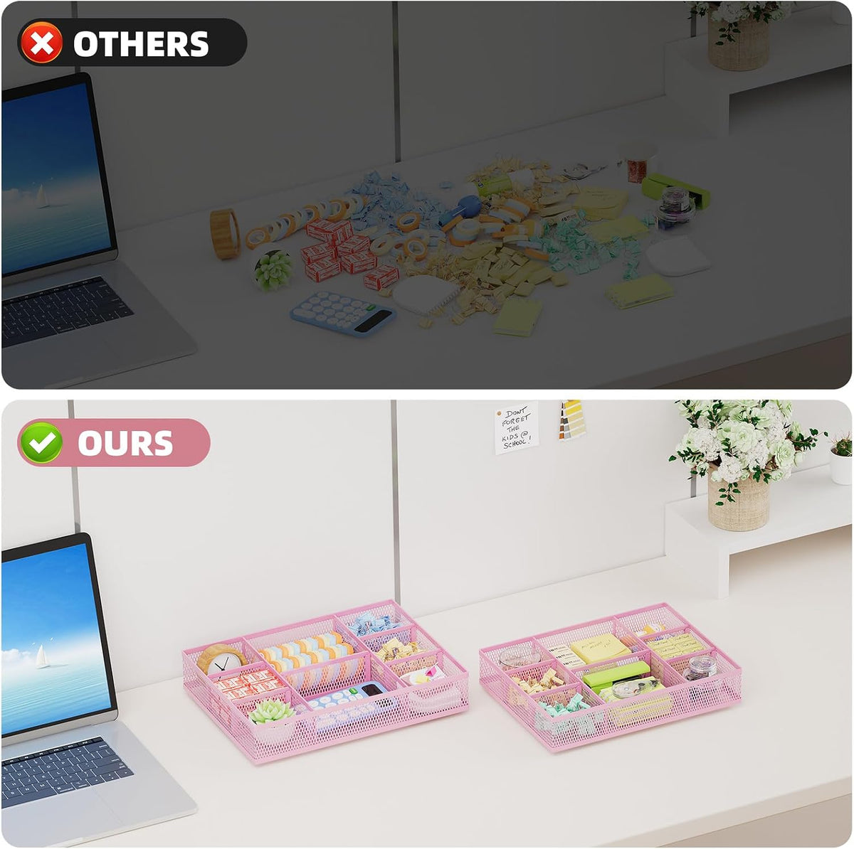 2 Pack Desk Drawer Organizer, Mesh Drawer Organizer Tray with 8 Adjustable Compartments, Desk Organizers and Accessories, 5 Dividers Drawer for Office Supplies, Makeup & Vanity (Black)