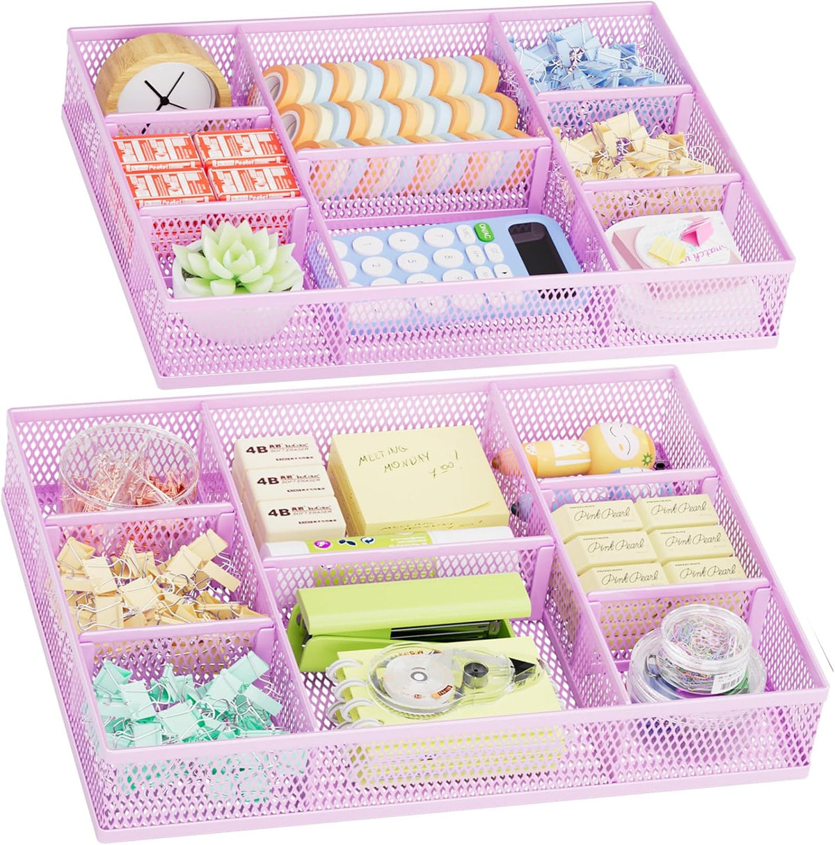 2 Pack Desk Drawer Organizer, Mesh Drawer Organizer Tray with 8 Adjustable Compartments, Desk Organizers and Accessories, 5 Dividers Drawer for Office Supplies, Makeup & Vanity (Black)