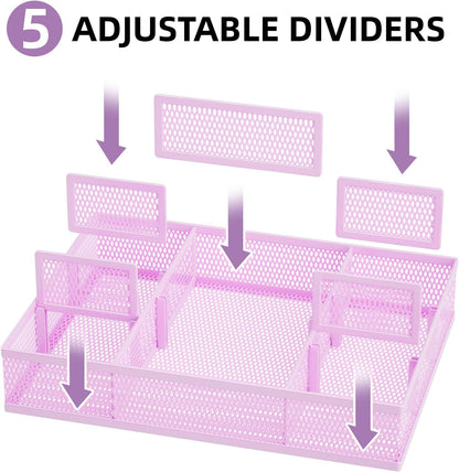 2 Pack Desk Drawer Organizer, Mesh Drawer Organizer Tray with 8 Adjustable Compartments, Desk Organizers and Accessories, 5 Dividers Drawer for Office Supplies, Makeup & Vanity (Black)