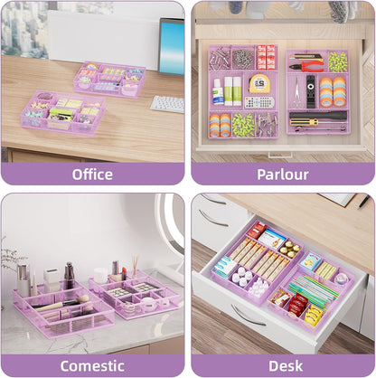 2 Pack Desk Drawer Organizer, Mesh Drawer Organizer Tray with 8 Adjustable Compartments, Desk Organizers and Accessories, 5 Dividers Drawer for Office Supplies, Makeup & Vanity (Black)