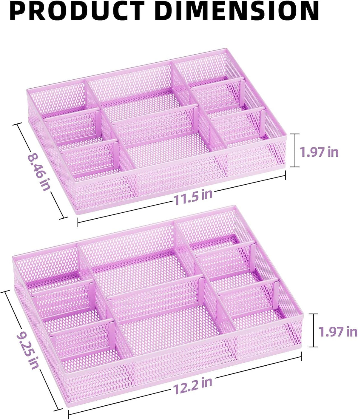2 Pack Desk Drawer Organizer, Mesh Drawer Organizer Tray with 8 Adjustable Compartments, Desk Organizers and Accessories, 5 Dividers Drawer for Office Supplies, Makeup & Vanity (Black)