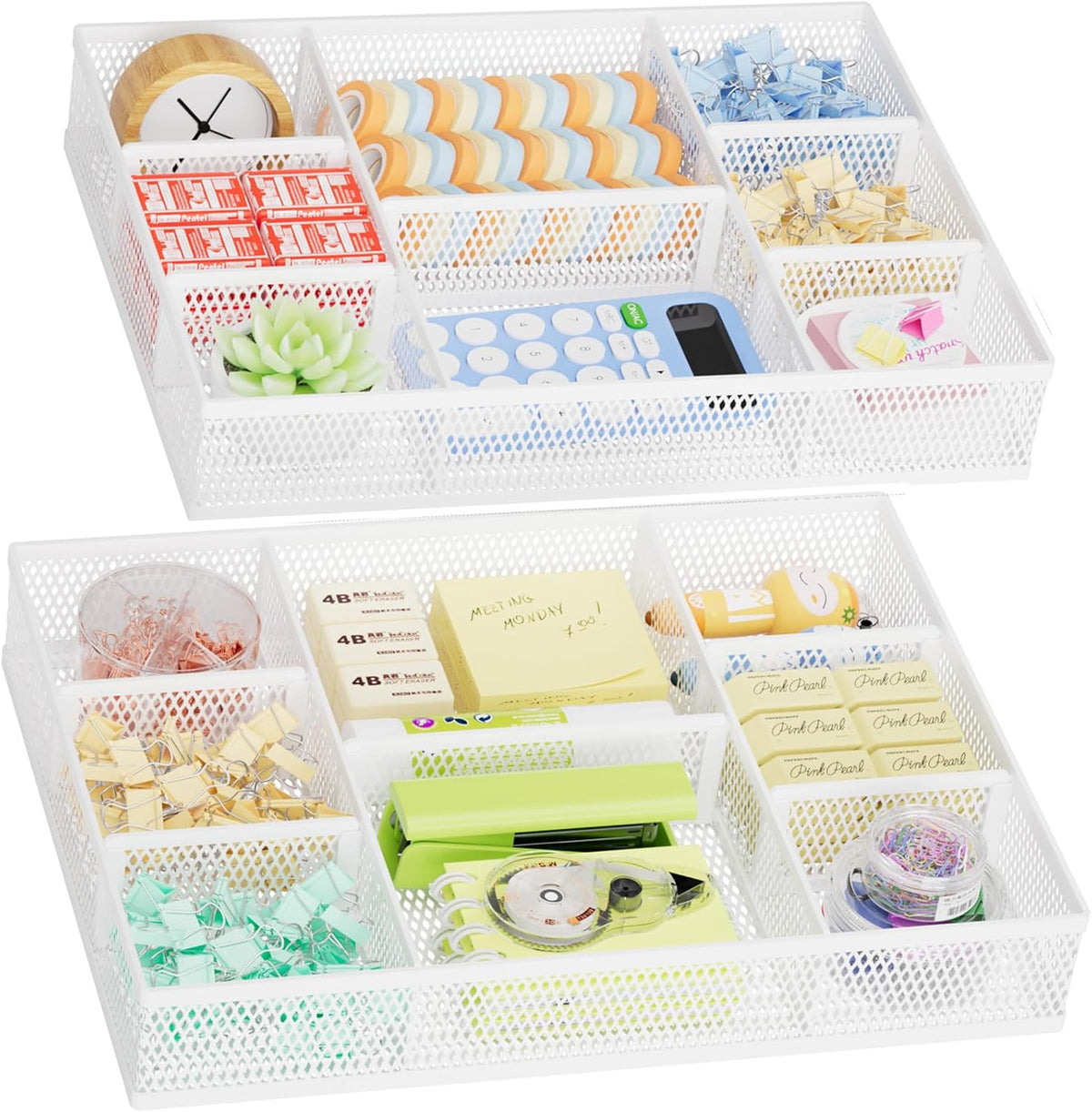 2 Pack Desk Drawer Organizer, Mesh Drawer Organizer Tray with 8 Adjustable Compartments, Desk Organizers and Accessories, 5 Dividers Drawer for Office Supplies, Makeup & Vanity (Black)