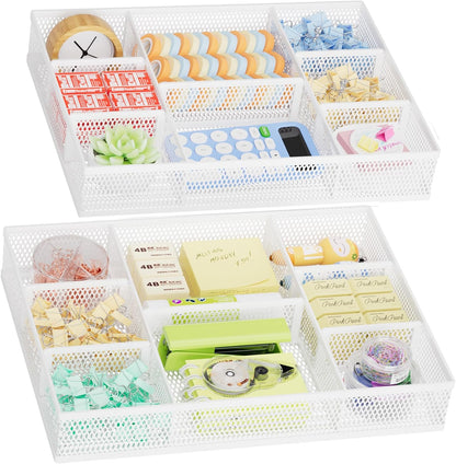 2 Pack Desk Drawer Organizer, Mesh Drawer Organizer Tray with 8 Adjustable Compartments, Desk Organizers and Accessories, 5 Dividers Drawer for Office Supplies, Makeup & Vanity (Black)